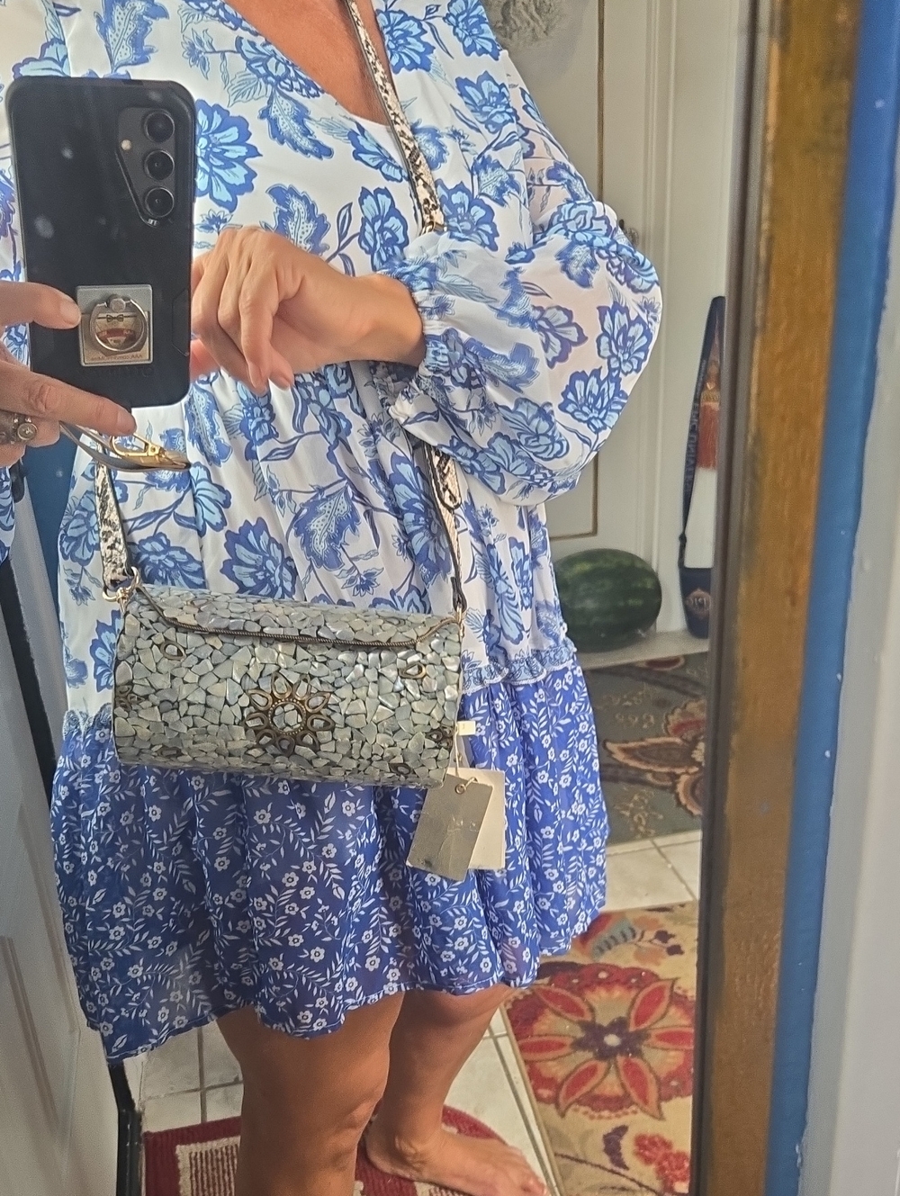 Mosaic Moder Of Pearl Tile Clutch / Crossbody Bag in Silver-Blue With Ornaments